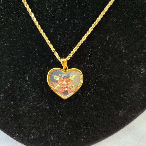 Vintage Heart Rose Pendant Genuine peridot and Diamond for Sisters Danbury Mint - Picture 2 of 7